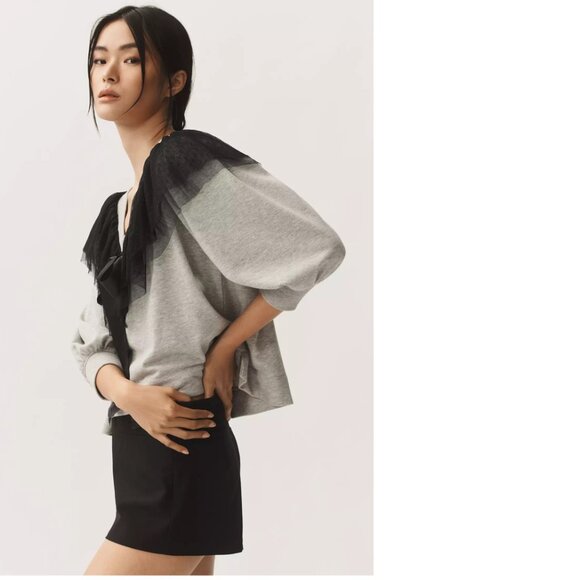 NEW By Anthropologie Maeve V-Neck Bow Sweatshirt size S gray color nwt - Picture 1 of 7